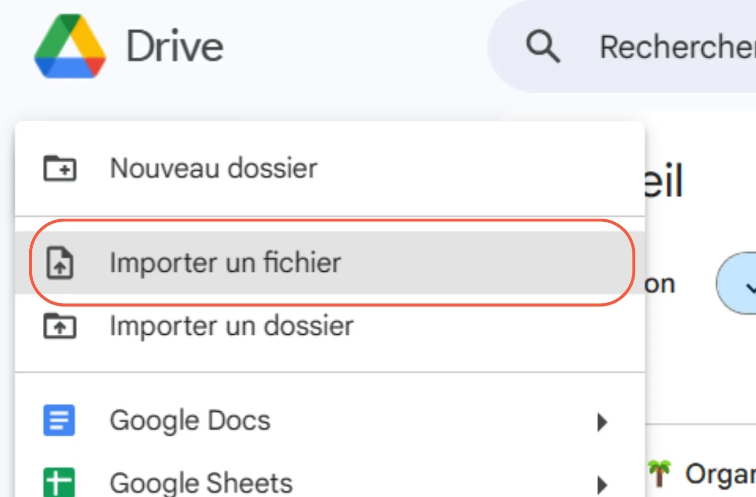 Etape 2 pour importer un fichier sur Google Drive