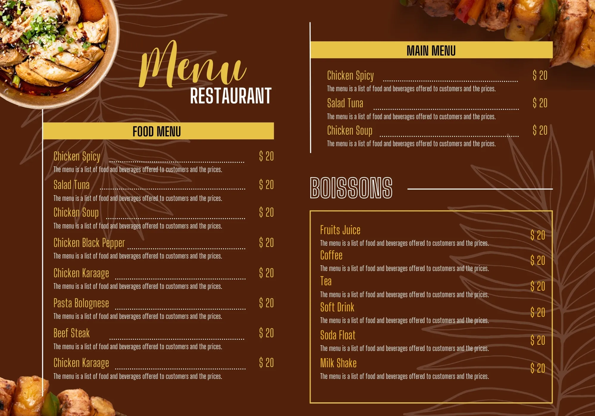 Design de carte de restaurant au format A3 horizontal