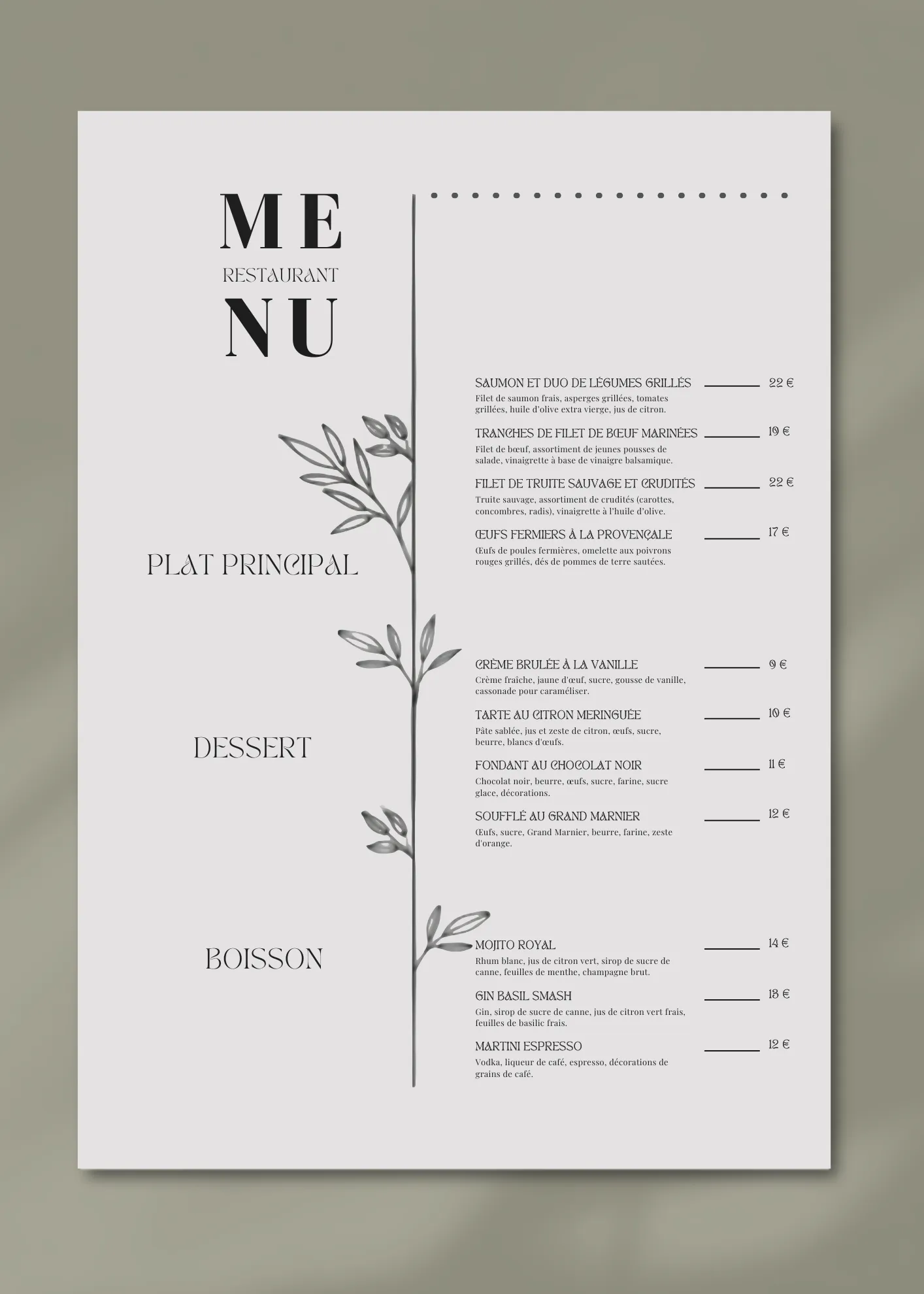 Exemple de menu de restaurant recto au format A4 vertical
