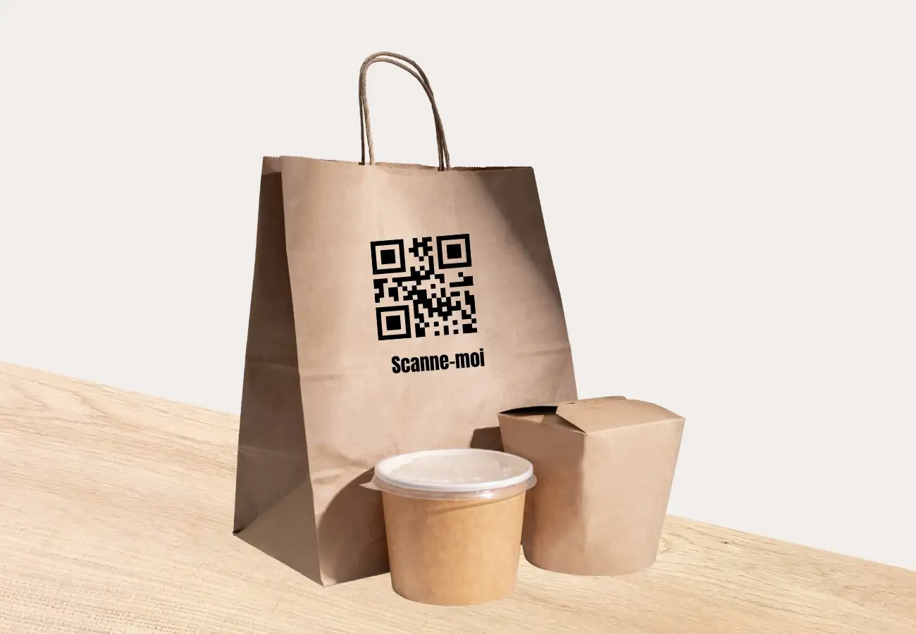 Exemple de QR code sur un sac de vente à emporter Exemple de QR code sur un sac de vente à emporter